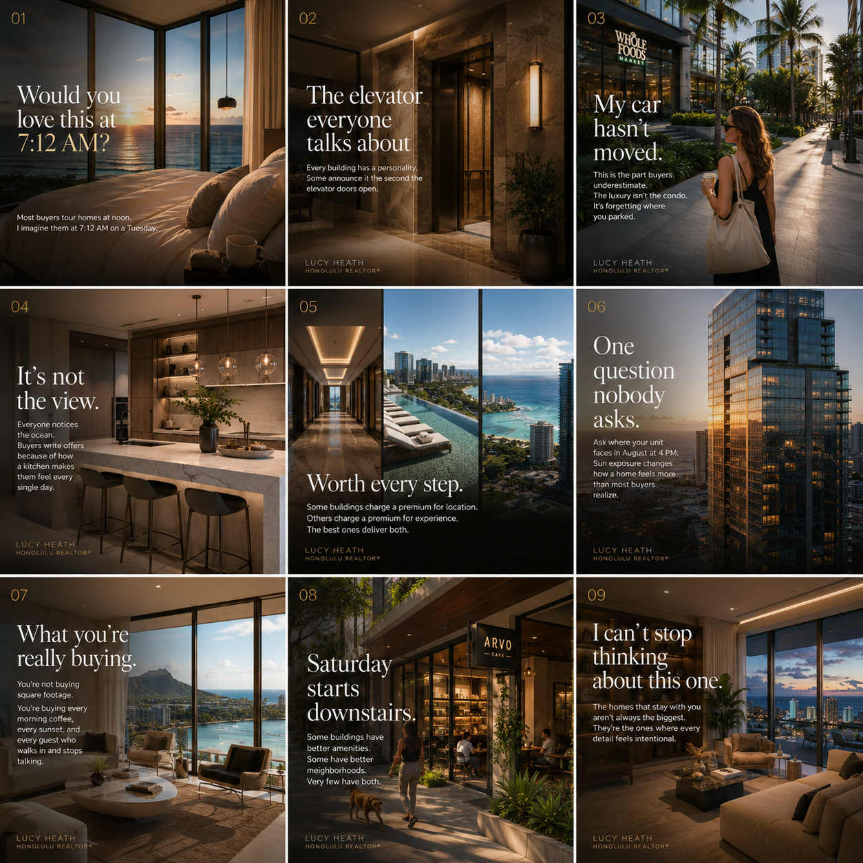 Nine-square Instagram grid for Lucy Heath, Honolulu Realtor — dark editorial luxury condo photography with numbered story captions like Would you love this at 7:12 AM and The elevator everyone talks about