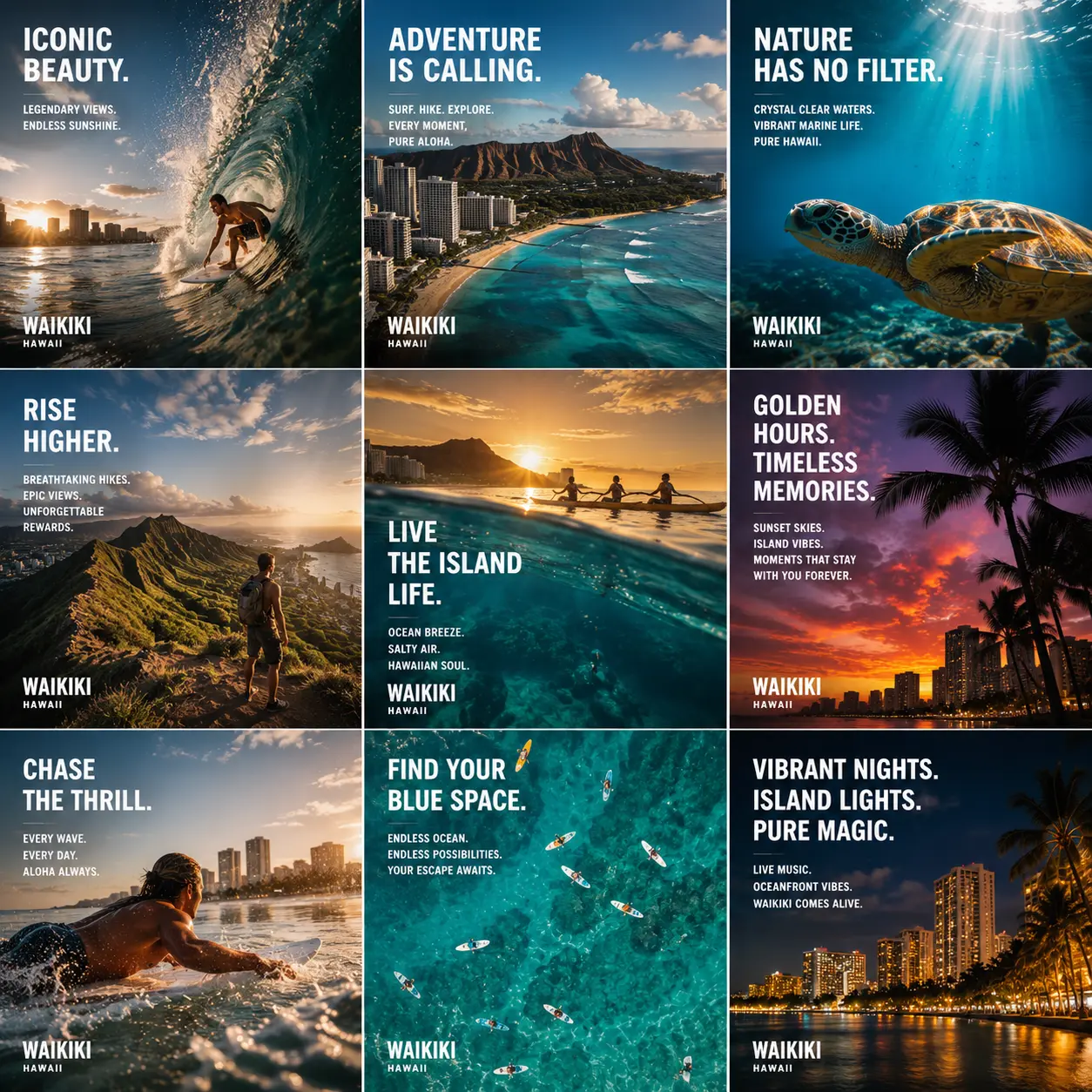 Nine-square Instagram grid for Waikiki, Hawaii — surfers, Diamond Head, outrigger canoes, snorkel turtles and city lights with bold headline tiles like Iconic Beauty, Adventure Is Calling and Vibrant Nights