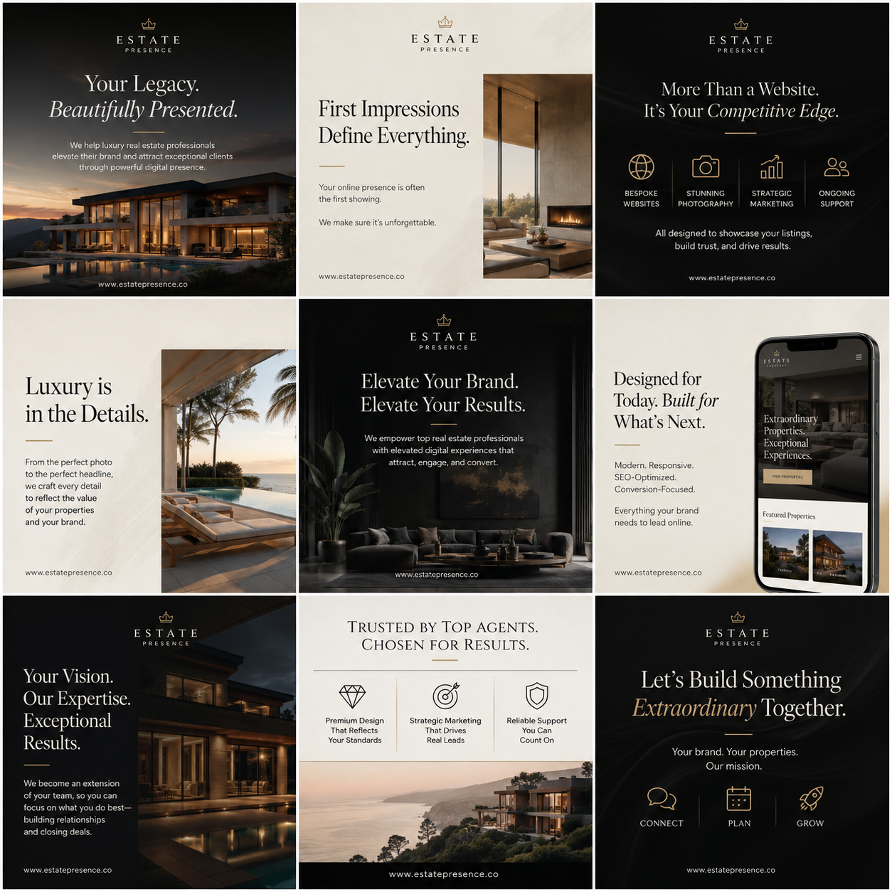 Nine-square Instagram grid for Estate Presence — alternating black-and-ivory luxury real estate brand tiles with serif headlines like Your Legacy. Beautifully Presented., First Impressions Define Everything and Let's Build Something Extraordinary Together