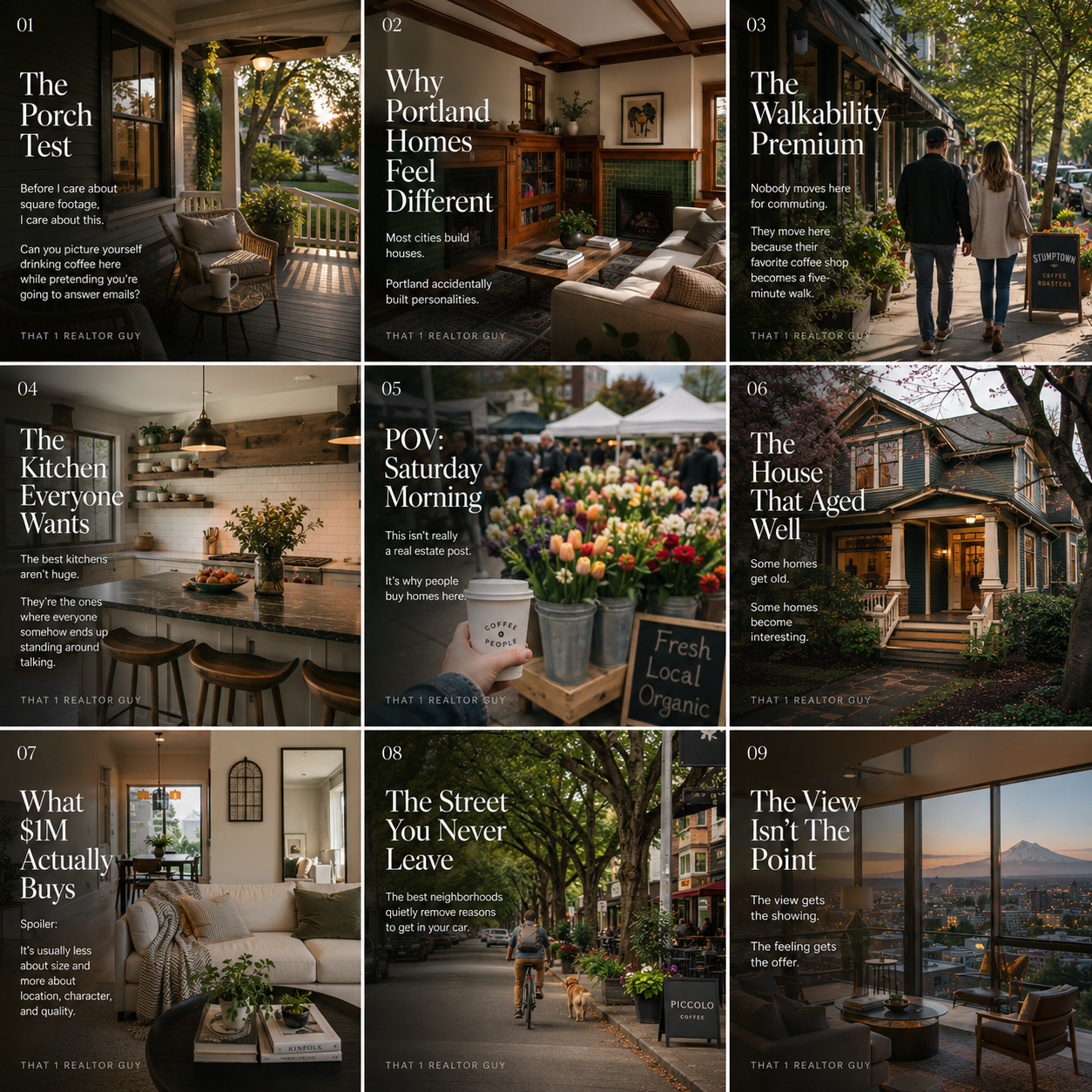 Nine-square Instagram grid for a Portland realtor — warm editorial photos of porches, kitchens and neighborhood streets with headline captions like The Porch Test and Why Portland Homes Feel Different