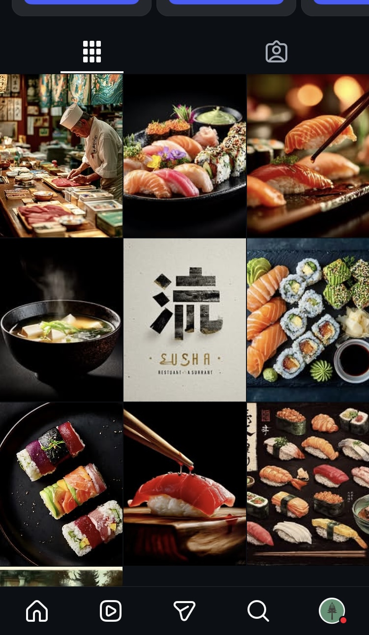 Nine-square Instagram grid for a sushi restaurant — itamae at the counter, nigiri and sashimi platters, miso soup, rainbow rolls and a bold kanji logo tile for 流 Sushi