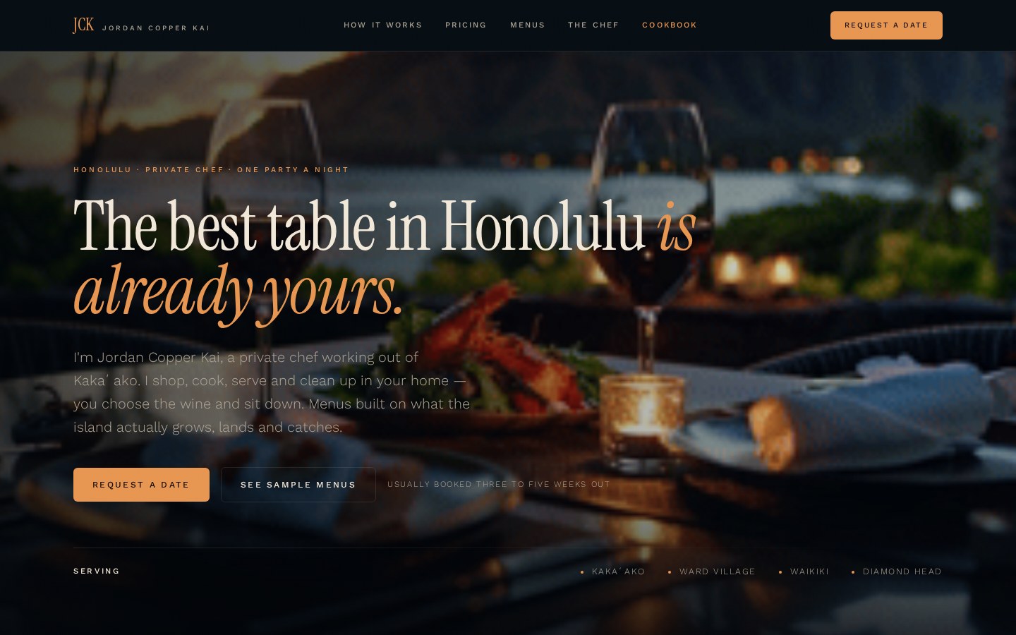 Jordan Copper Kai website hero — private chef in Honolulu