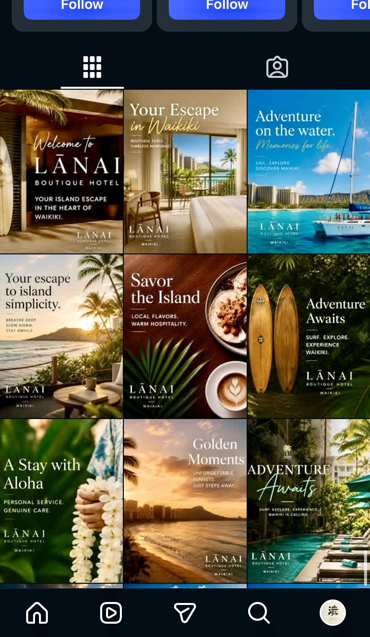 Nine-square Instagram grid for Lānai Boutique Hotel in Waikīkī — hotel suite views, sunset balconies, surfboards and coffee with elegant serif headlines like Welcome to Lānai, Your Escape in Waikiki and Savor the Island