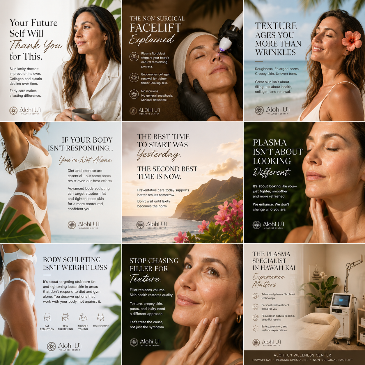 Nine-square Instagram grid for Alohi Uʻi Wellness Center, a plasma specialist in Hawaiʻi Kai — coastal, sunlit photography with educational tiles on non-surgical facelifts, plasma fibroblast, skin texture vs. wrinkles, body sculpting and why the best time to start was yesterday