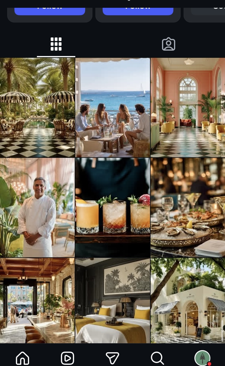 Nine-square Instagram grid for a coastal bistro — striped umbrellas over a checkered pool terrace, oceanfront dining, cocktails, a fresh oyster spread and a chef portrait in warm golden light