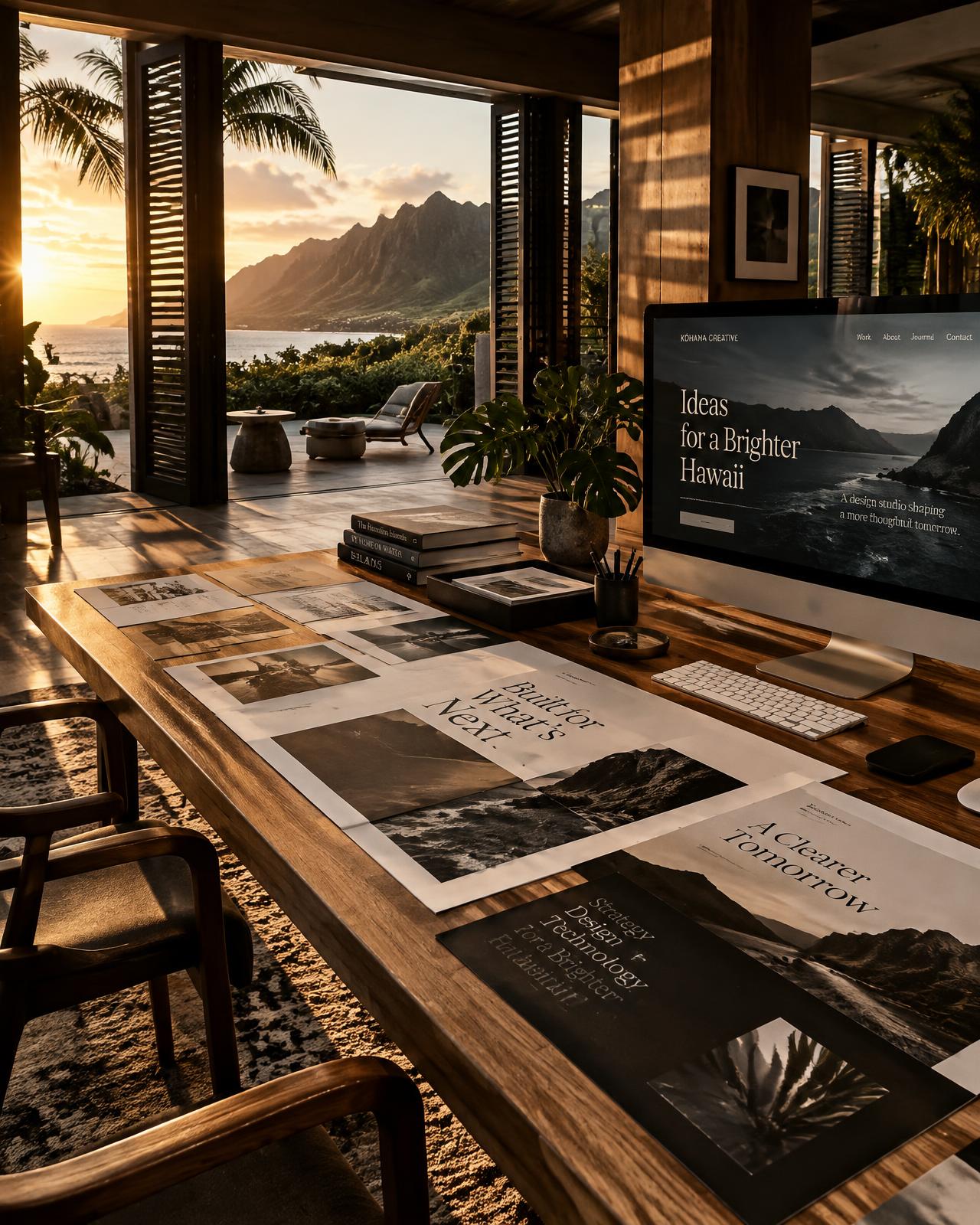 Golden-hour Hawaiian studio with printed website layouts and a monitor, mountains and ocean beyond