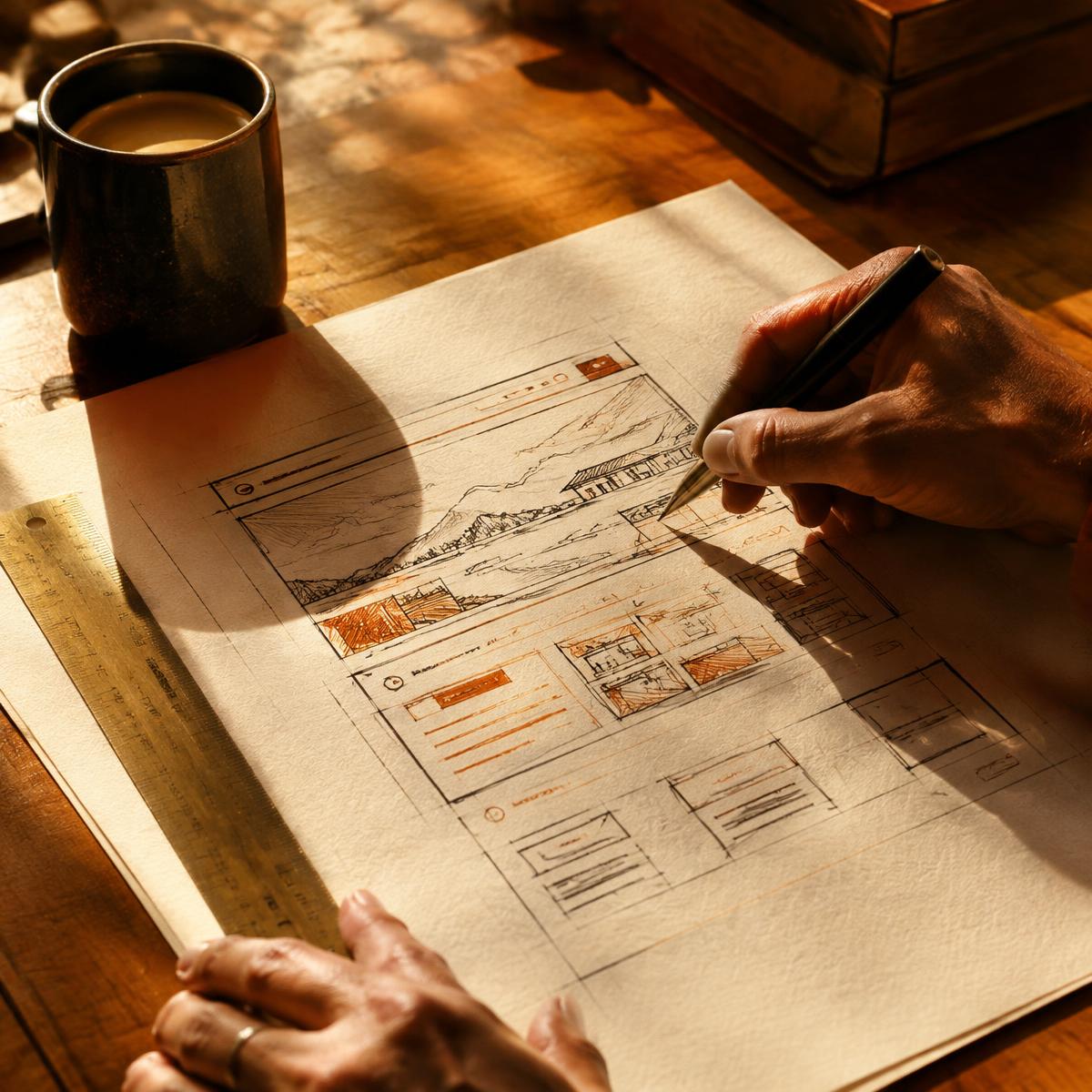 Hands sketching a website wireframe on ivory paper beside a brass ruler in golden light