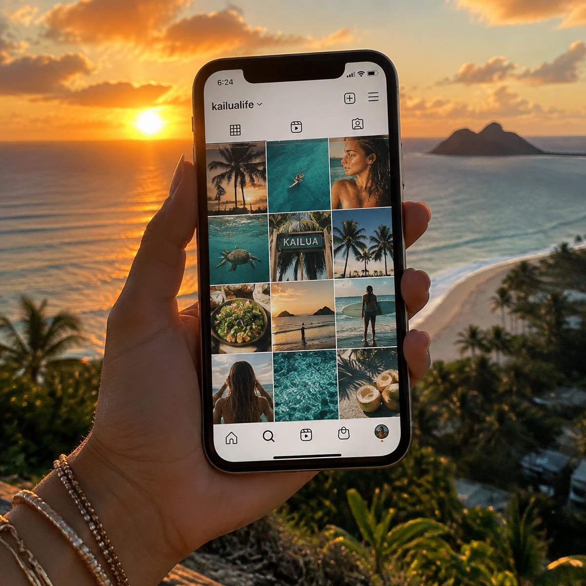 Hand holding a phone showing a cohesive Instagram feed against a Kailua sunset