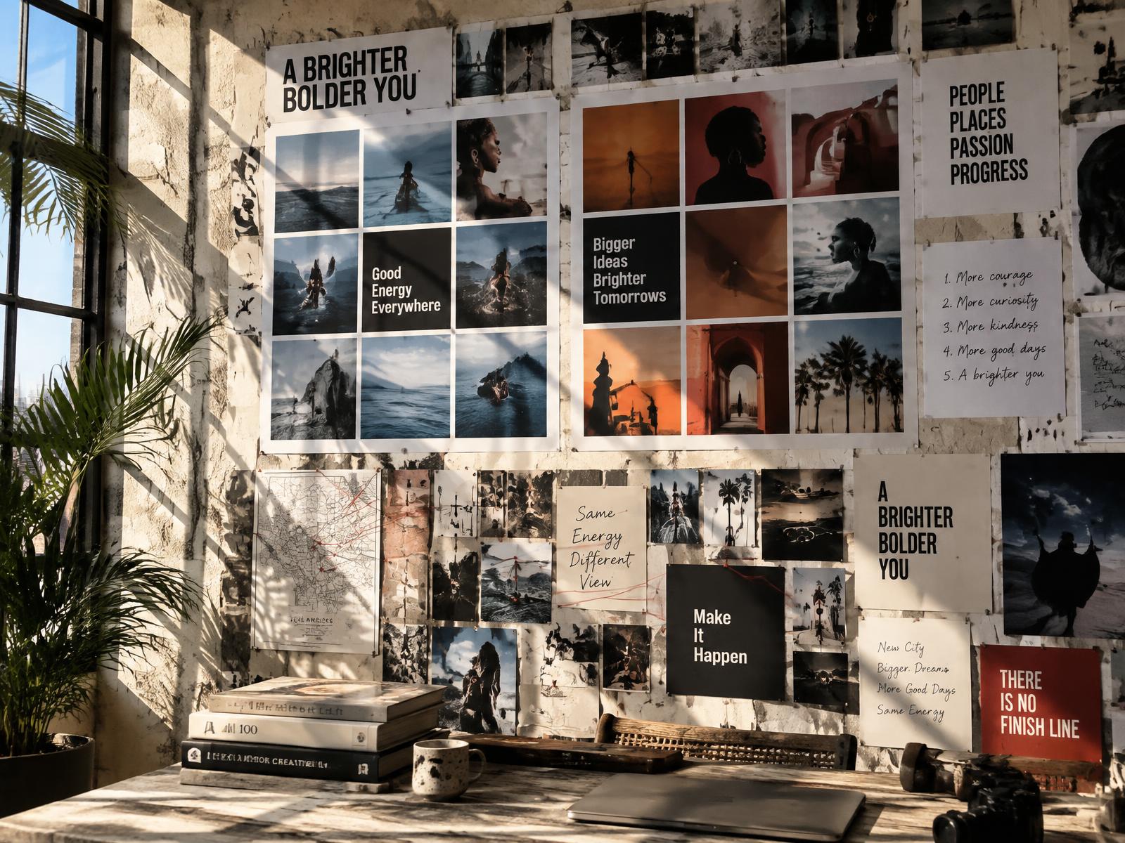 Sunlit studio wall covered with printed 3×3 social grids, bold type posters and planning notes